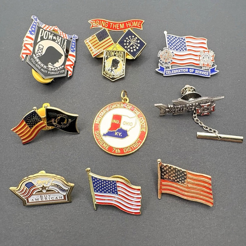 Vintage Lot of 9 Pins Pendant Tie Tack American Flags Veterans POW-MIA Enamel